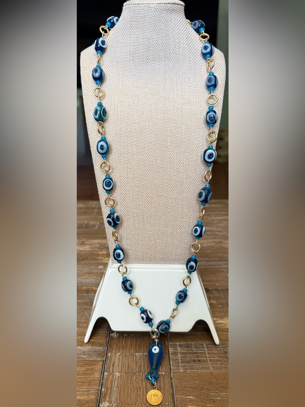 Turkey Blue Evil Eye & Lucky Fish Glass Beaded Necklace w/ Gold Accents Artisan - Picture 2 of 2